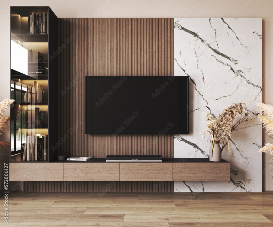 background tv wall design Bulan 4 Classic luxury TV wall mock up with lighting